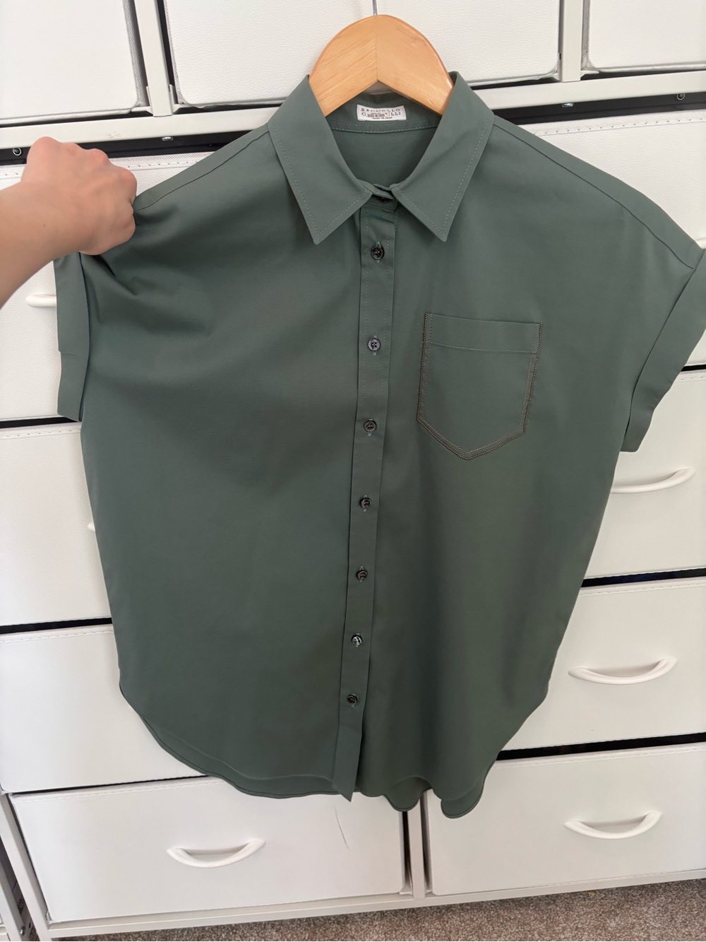 Brunello Cucinelli Olive Green Short-Sleeve Button-Down Shirt